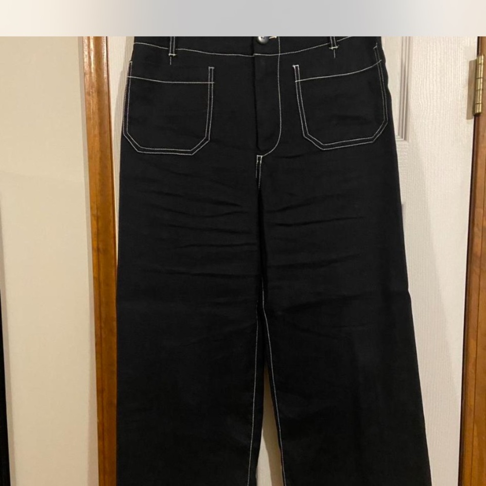 Anthropologie Maeve Colette navy blue Wide-Leg Pants with White Stitching.